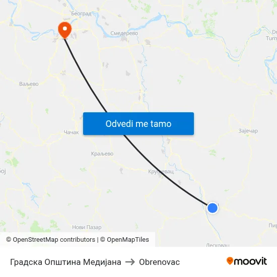 Градска Општина Медијана to Obrenovac map