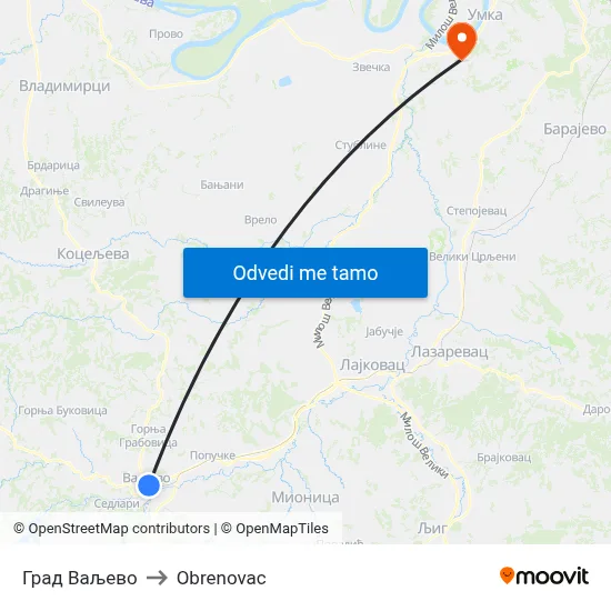 Град Ваљево to Obrenovac map