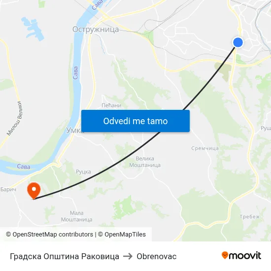 Градска Општина Раковица to Obrenovac map