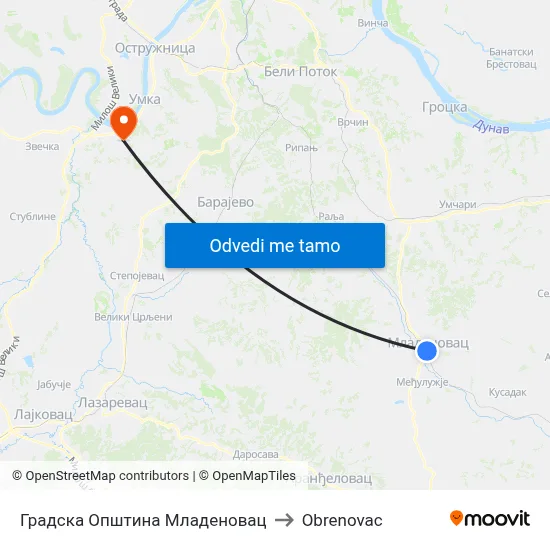 Градска Општина Младеновац to Obrenovac map