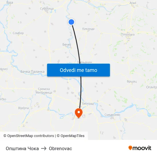 Општина Чока to Obrenovac map