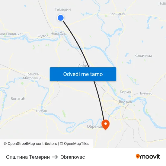 Општина Темерин to Obrenovac map