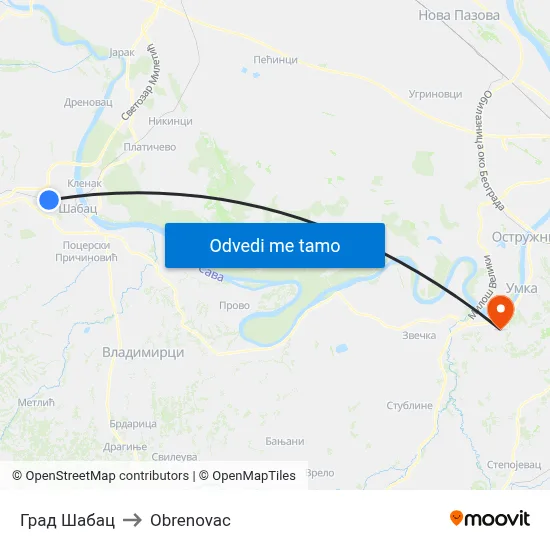 Град Шабац to Obrenovac map