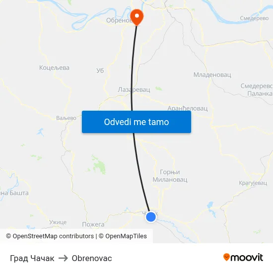 Град Чачак to Obrenovac map