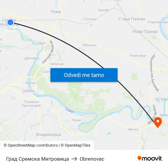 Град Сремска Митровица to Obrenovac map