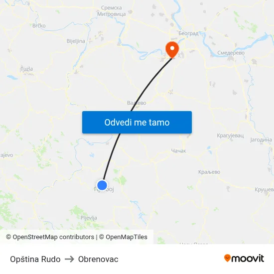 Opština Rudo to Obrenovac map
