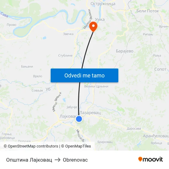 Општина Лајковац to Obrenovac map