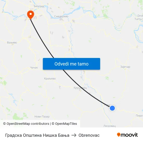 Градска Општина Нишка Бања to Obrenovac map