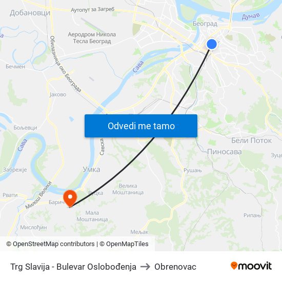 Trg Slavija - Bulevar Oslobođenja to Obrenovac map