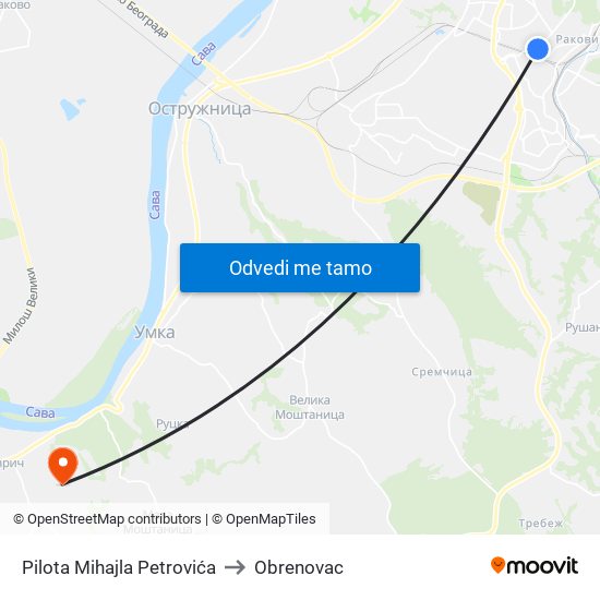 Pilota Mihajla Petrovića to Obrenovac map