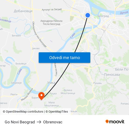 Go Novi Beograd to Obrenovac map