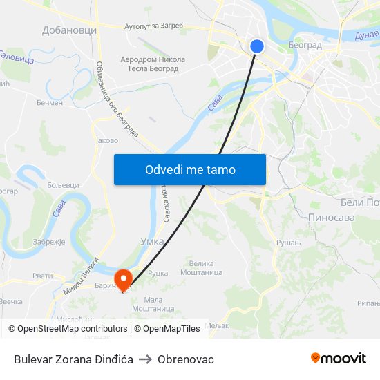 Bulevar Zorana Đinđića to Obrenovac map