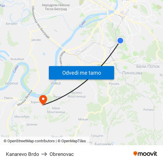 Kanarevo Brdo to Obrenovac map