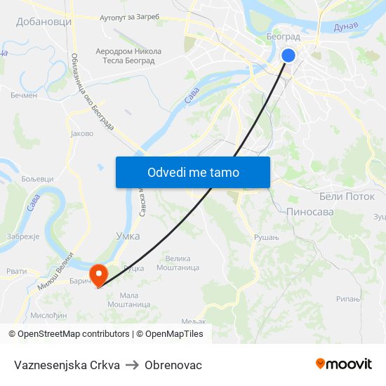 Vaznesenjska Crkva to Obrenovac map