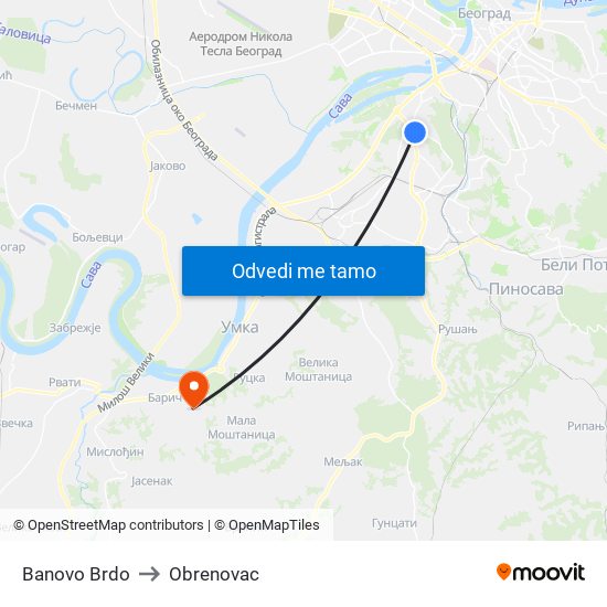 Banovo Brdo to Obrenovac map