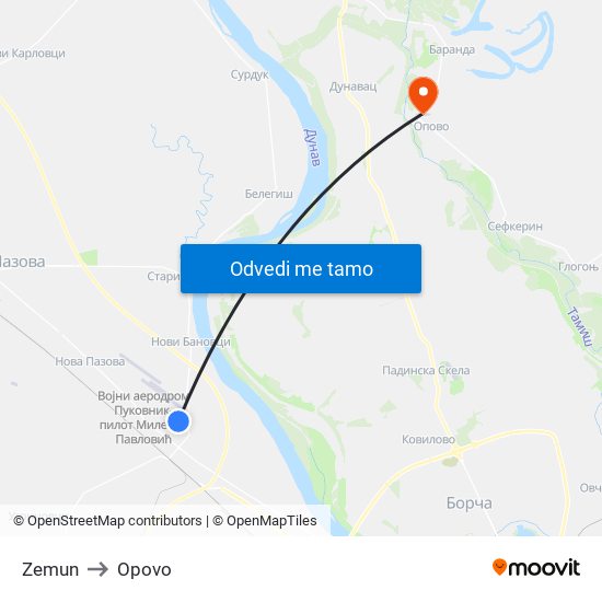 Zemun to Opovo map