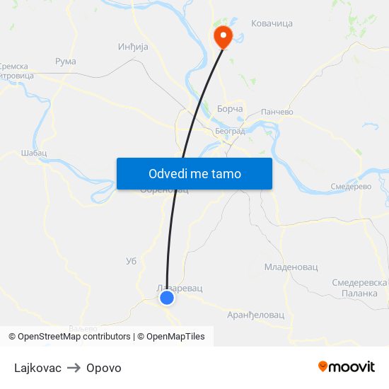 Lajkovac to Opovo map