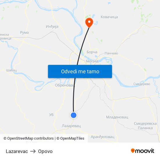 Lazarevac to Opovo map