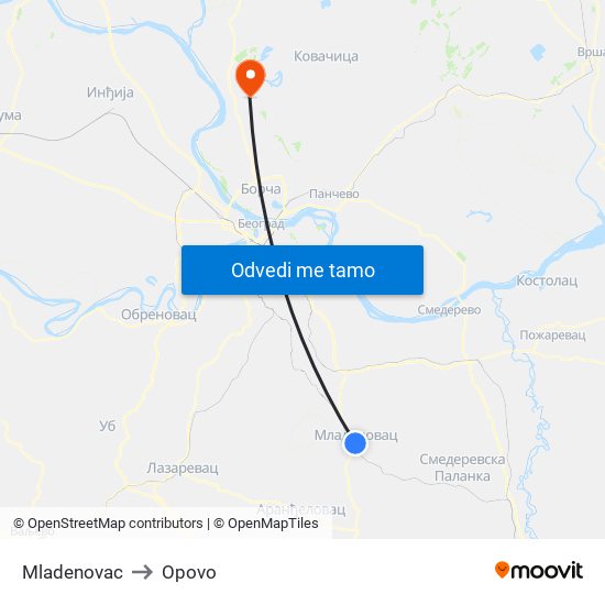 Mladenovac to Opovo map