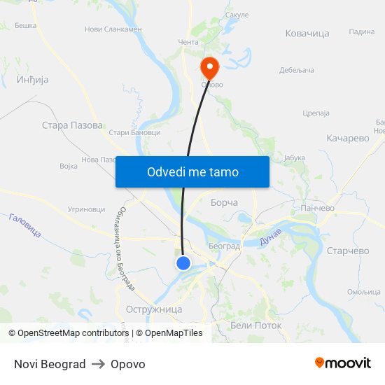 Novi Beograd to Opovo map