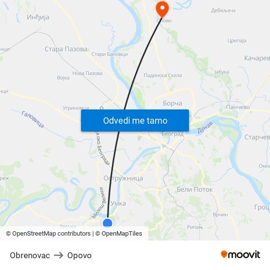 Obrenovac to Opovo map