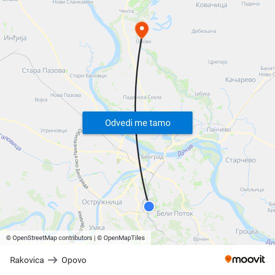 Rakovica to Opovo map