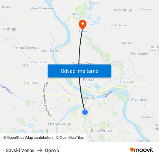 Savski Venac to Opovo map