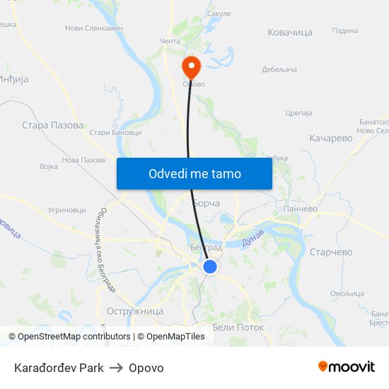 Karađorđev Park to Opovo map