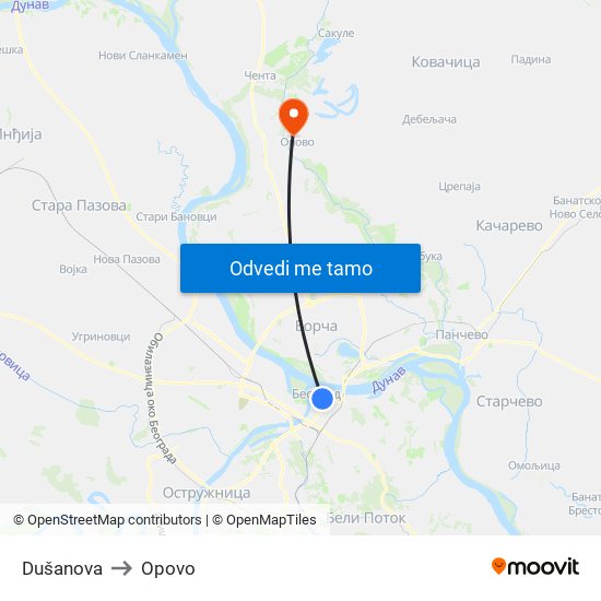 Dušanova to Opovo map