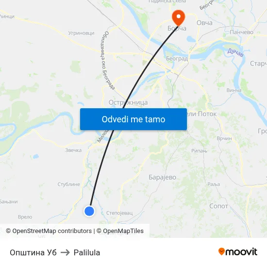 Општина Уб to Palilula map