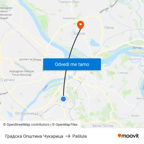 Градска Општина Чукарица to Palilula map