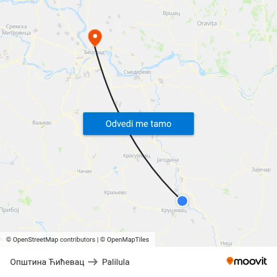 Општина Ћићевац to Palilula map