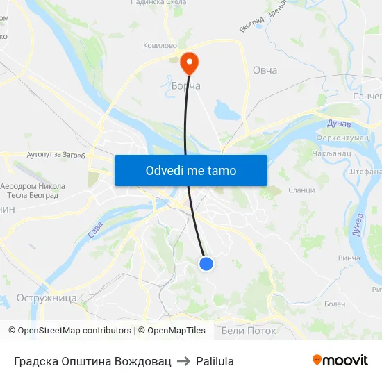 Градска Општина Вождовац to Palilula map