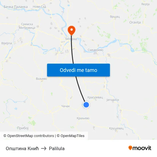 Општина Кнић to Palilula map