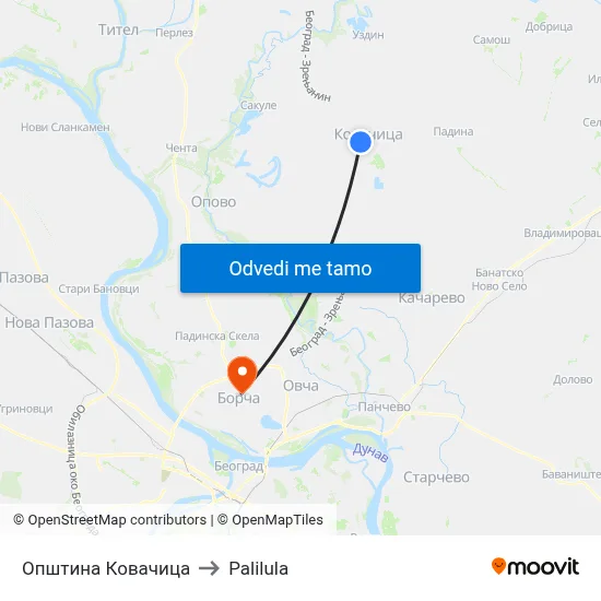 Општина Ковачица to Palilula map