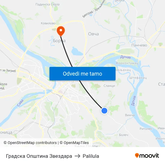 Градска Општина Звездара to Palilula map