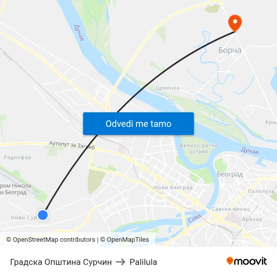 Градска Општина Сурчин to Palilula map