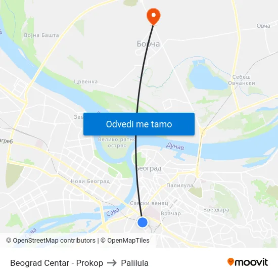 Beograd Centar - Prokop to Palilula map