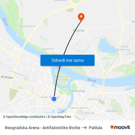 Beogradska Arena - Antifašističke Borbe to Palilula map