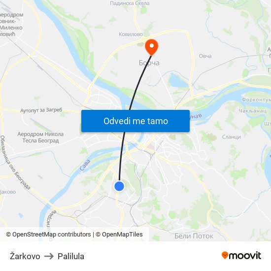 Žarkovo to Palilula map