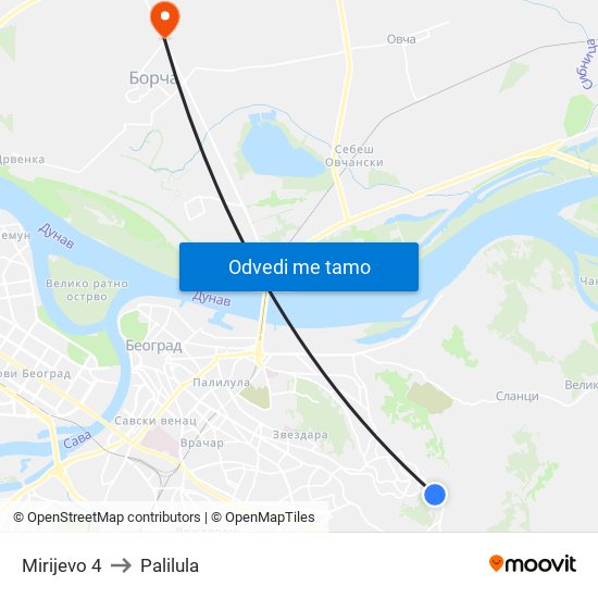 Mirijevo 4 to Palilula map