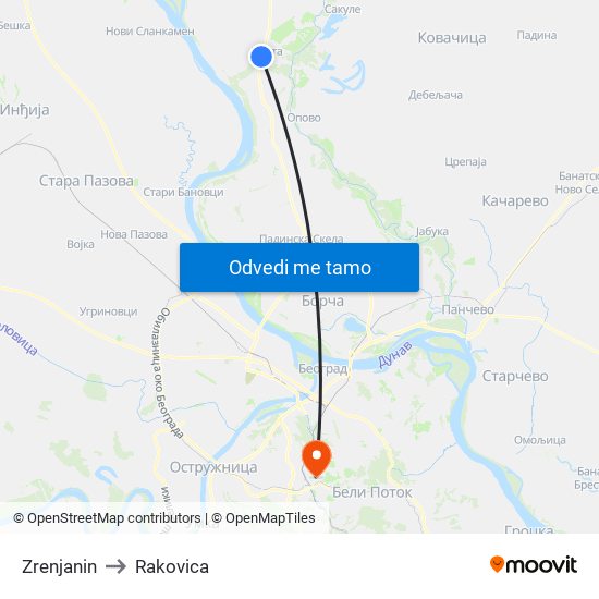 Zrenjanin to Rakovica map