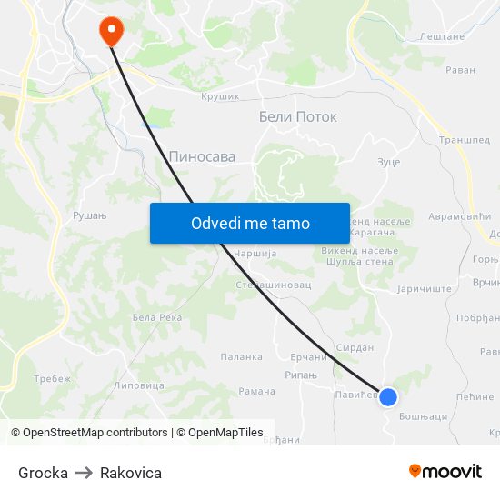 Grocka to Rakovica map