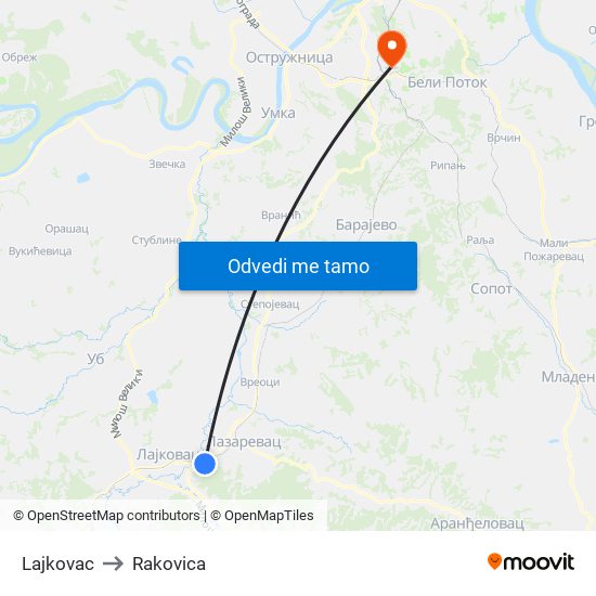 Lajkovac to Rakovica map