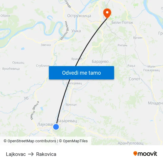 Lajkovac to Rakovica map
