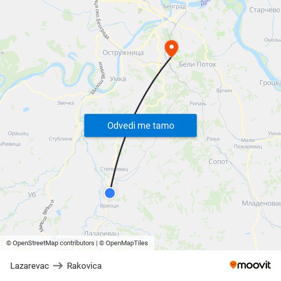 Lazarevac to Rakovica map