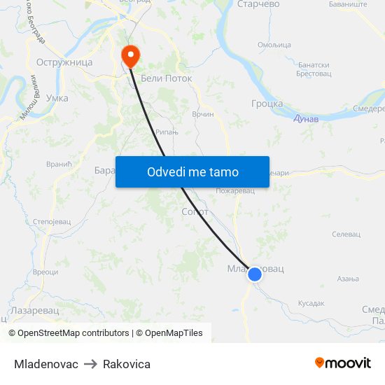 Mladenovac to Rakovica map