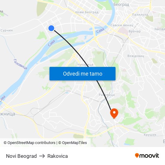 Novi Beograd to Rakovica map