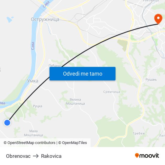 Obrenovac to Rakovica map