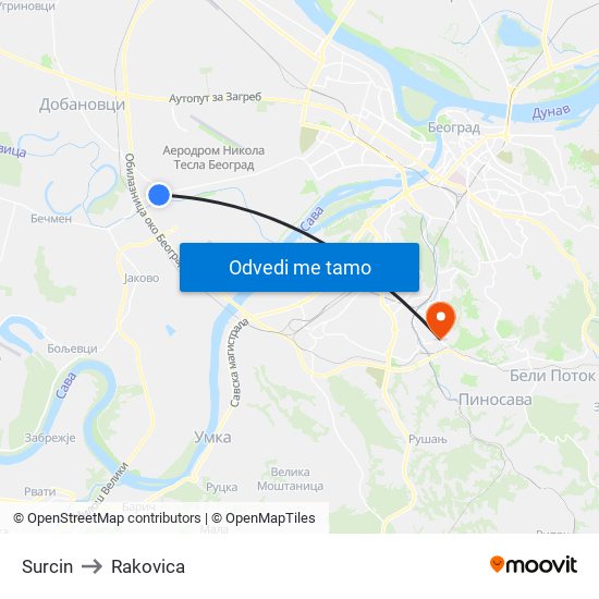 Surcin to Rakovica map